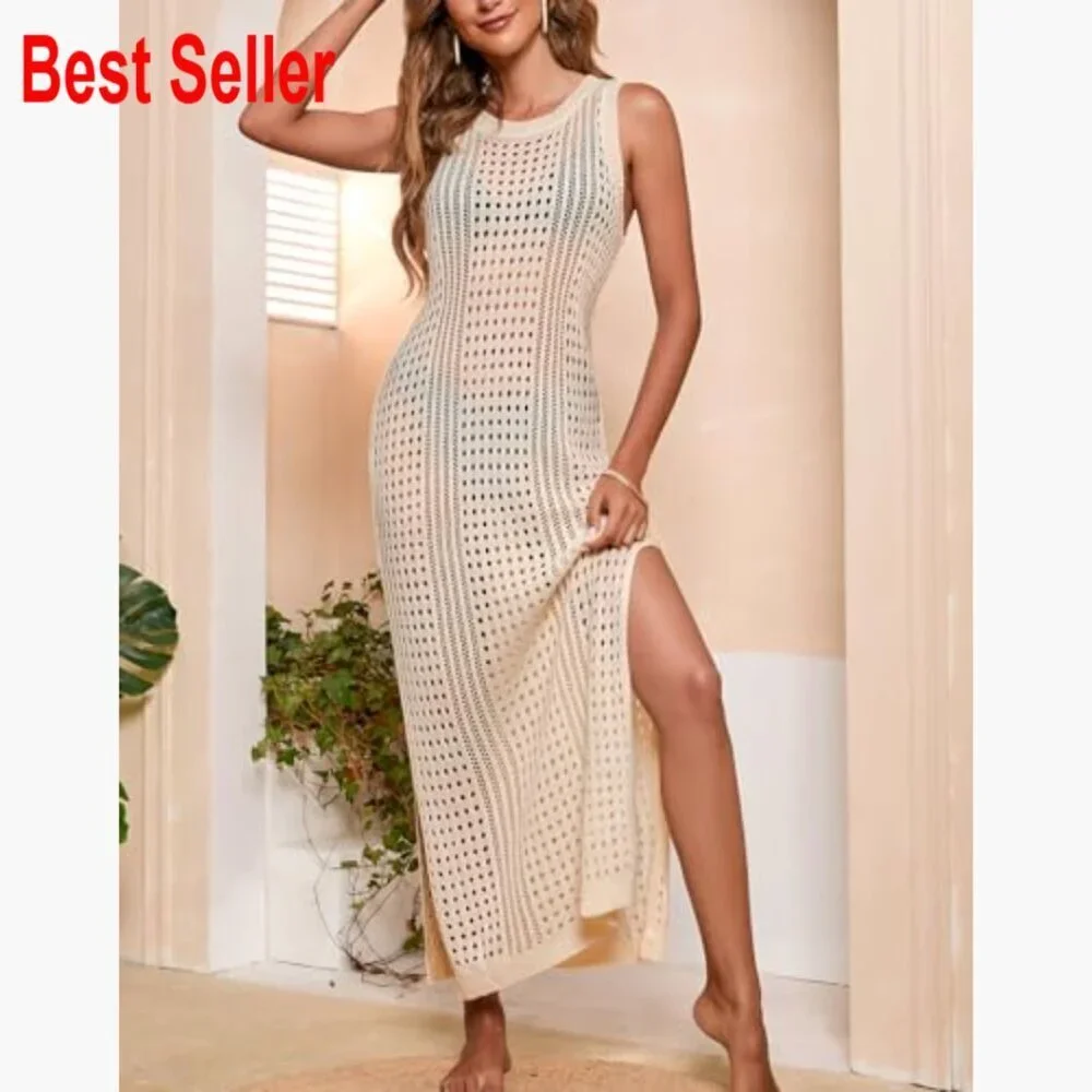 Crochet Cover Up Dress Hollow Out Side Split Sleeveless Beach